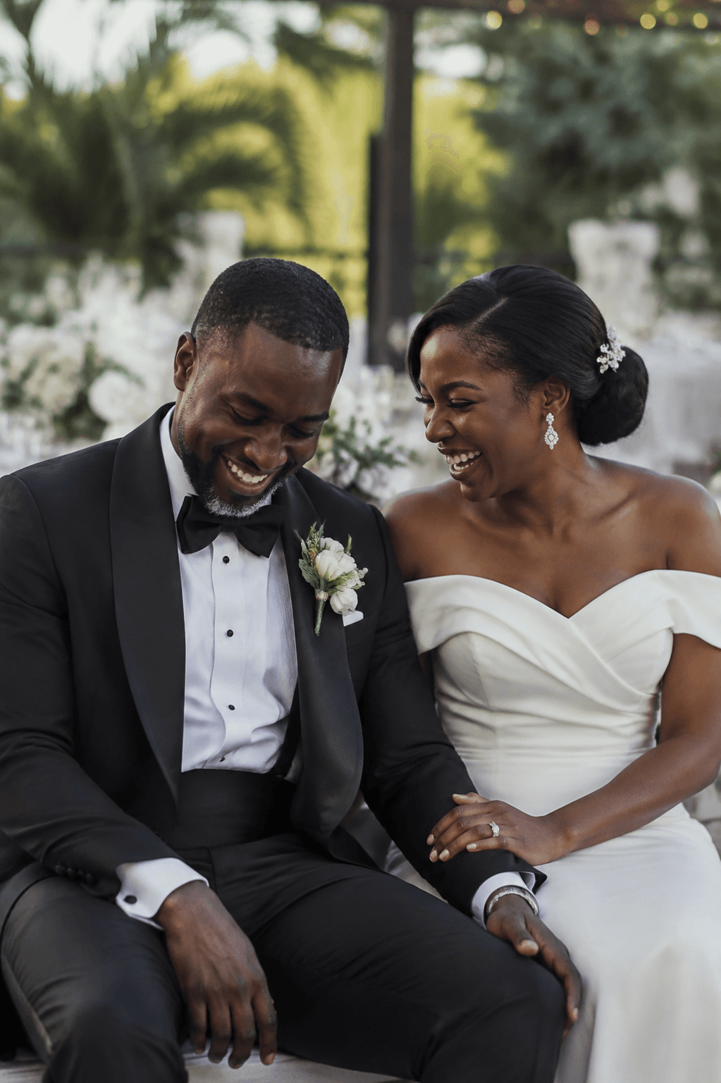 A joyful Black newlywed couple laughing together at their reception