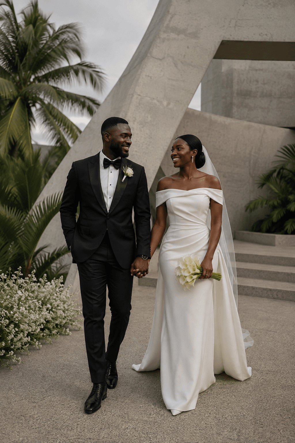 A Black newlywed couple walking hand in hand after their ceremony